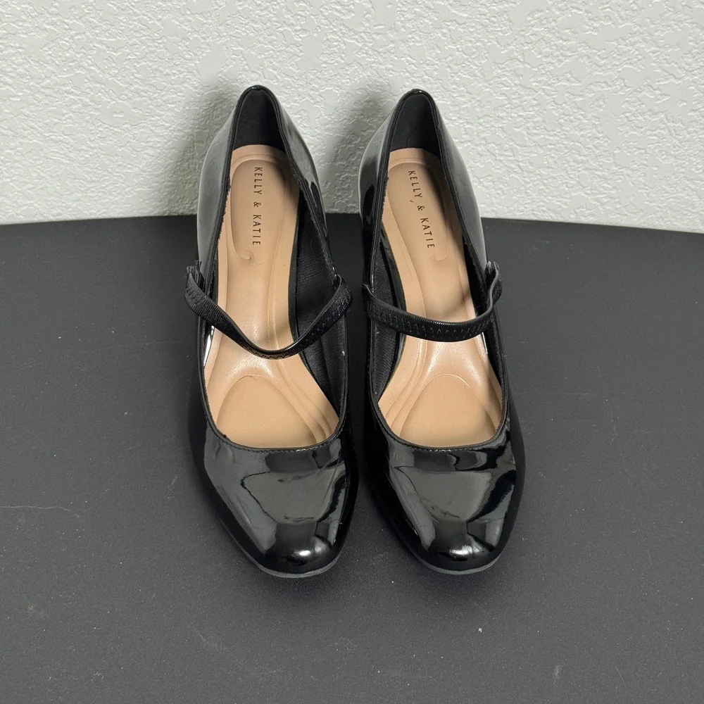 Kelly & Katie Mary Jane Pumps Women 8 Black Patent Block Heel Round Toe Strappy